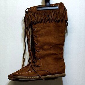 Charlotte Russe Knee High Fringe Boots Size 6 Faux Suede Zipper Lace-Up Detail